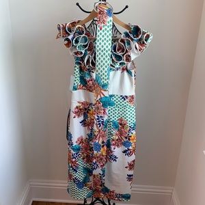 CQ by CQ WHITE PRINT DRESS SZ M OFF SHOULDER RUFFLES DETACHABLE BELT NWT
